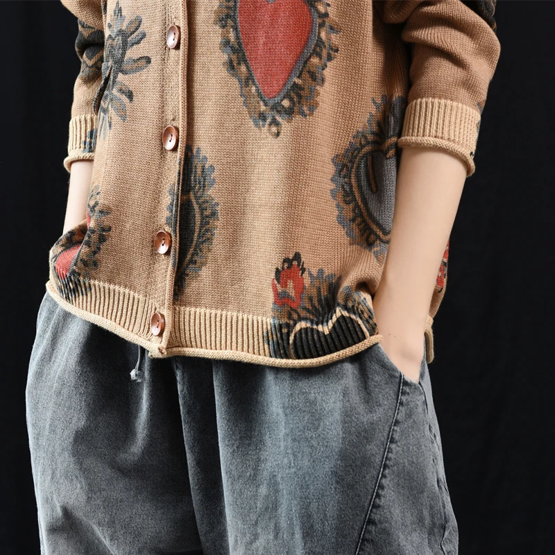 Autumn Winter Sweater Women Retro Loose Knitting jackets 2019 New Female Tops V-Neck Button Print Casual Coat |