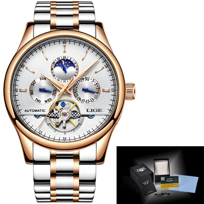 gold White steel Новые LIGE часы мужские роскошные брендовые автоматические часы мужские полностью стальные водонепроницаемые Бизнес наручные часы модные часы Relogio Masculino - Цвет: gold White steel