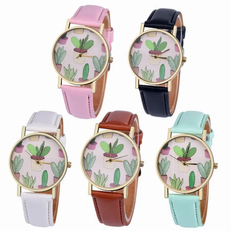 2018 новые женские кактус растение в горшке кожаный ремешок аналоговые кварцевые