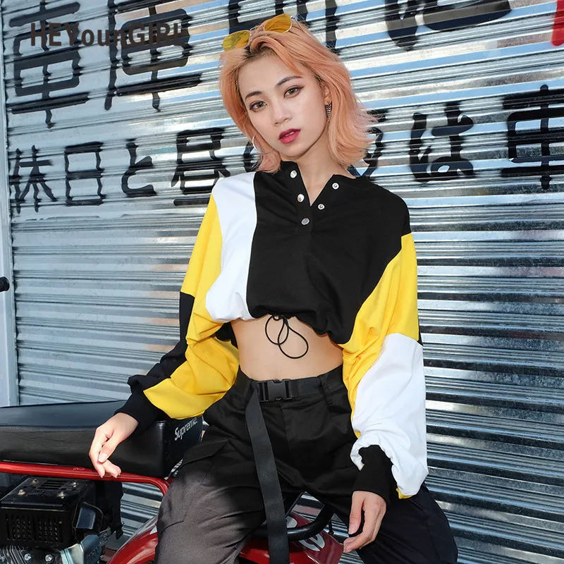 HEYounGIRL осенние Лоскутные короткие толстовки с капюшоном, кофты с длинным рукавом, черные женские короткие толстовки Harajuku, пуловер на пуговицах