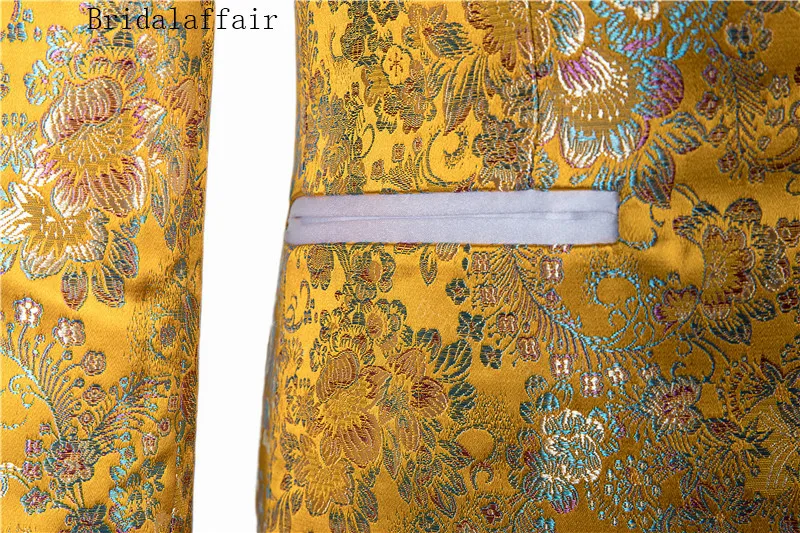 Bridalaffair, высокое качество, цветочный золотой костюм, Мужская шаль с отворотом, смокинг для жениха, мужские костюмы, приталенный, для свадьбы, Лучший человек, блейзер, наборы, 3 предмета