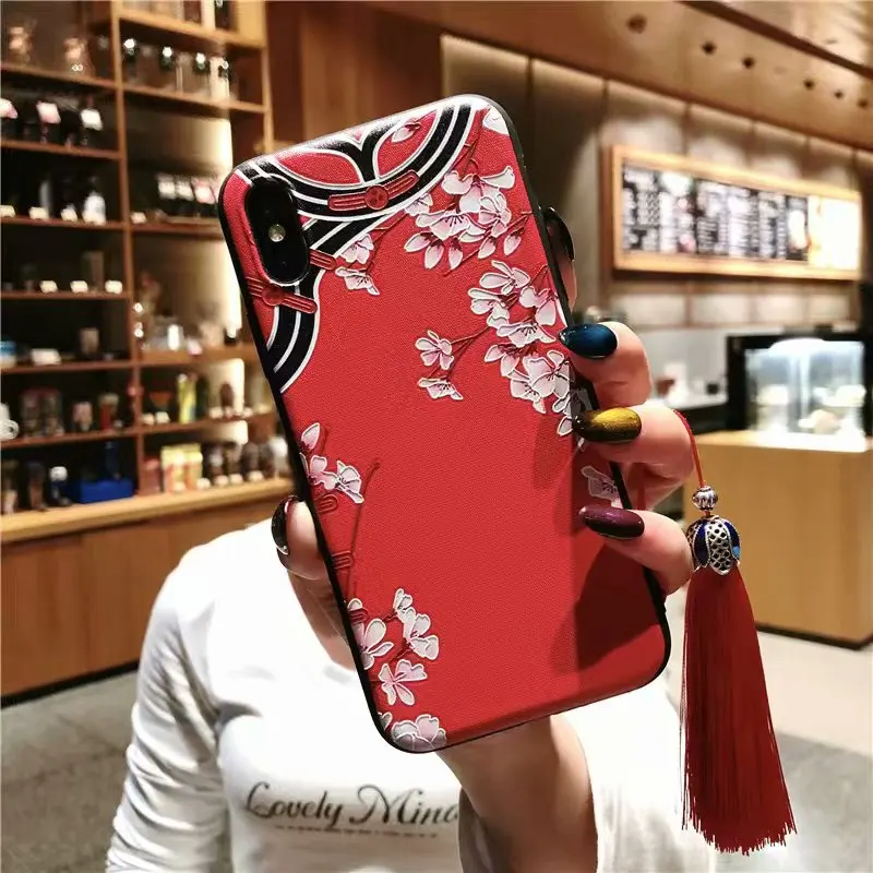 XS Max чехол для iPhone X R китайский Cheongsam стиль ремесло 3D Рельефный цветок 7 8 Plus