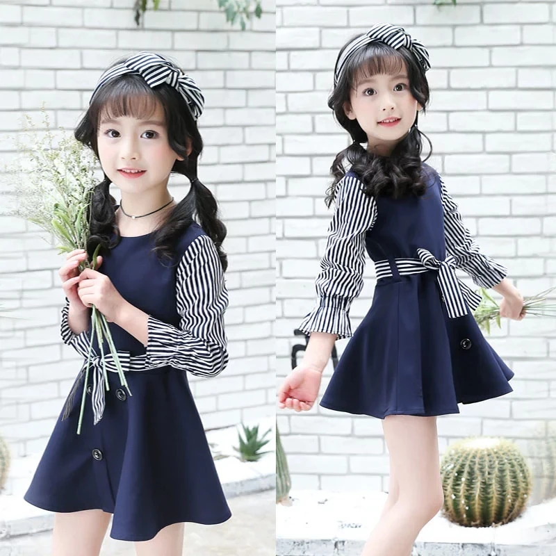 Детские платья с длинными рукавами на весну-осень 2018 детские в полоску для