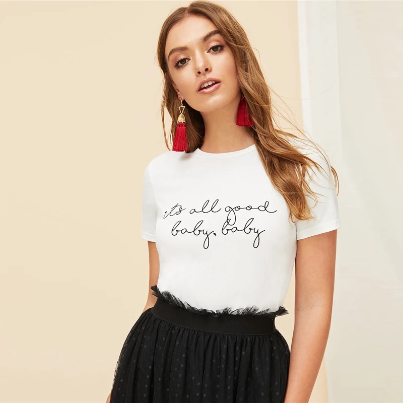 SHEIN белая футболка с надписью и надписью, облегающая футболка с коротким рукавом и круглым вырезом, женская летняя повседневная футболка