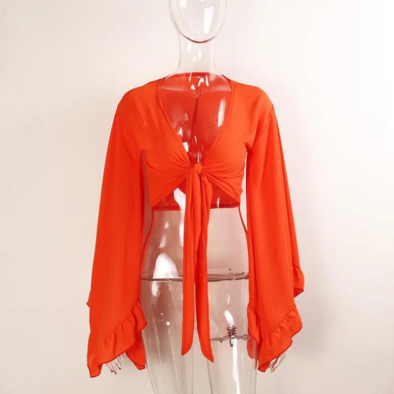 2017 летняя Новинка Dope Muli цветная шифоновая блузка с расклешенным рукавом и бантом