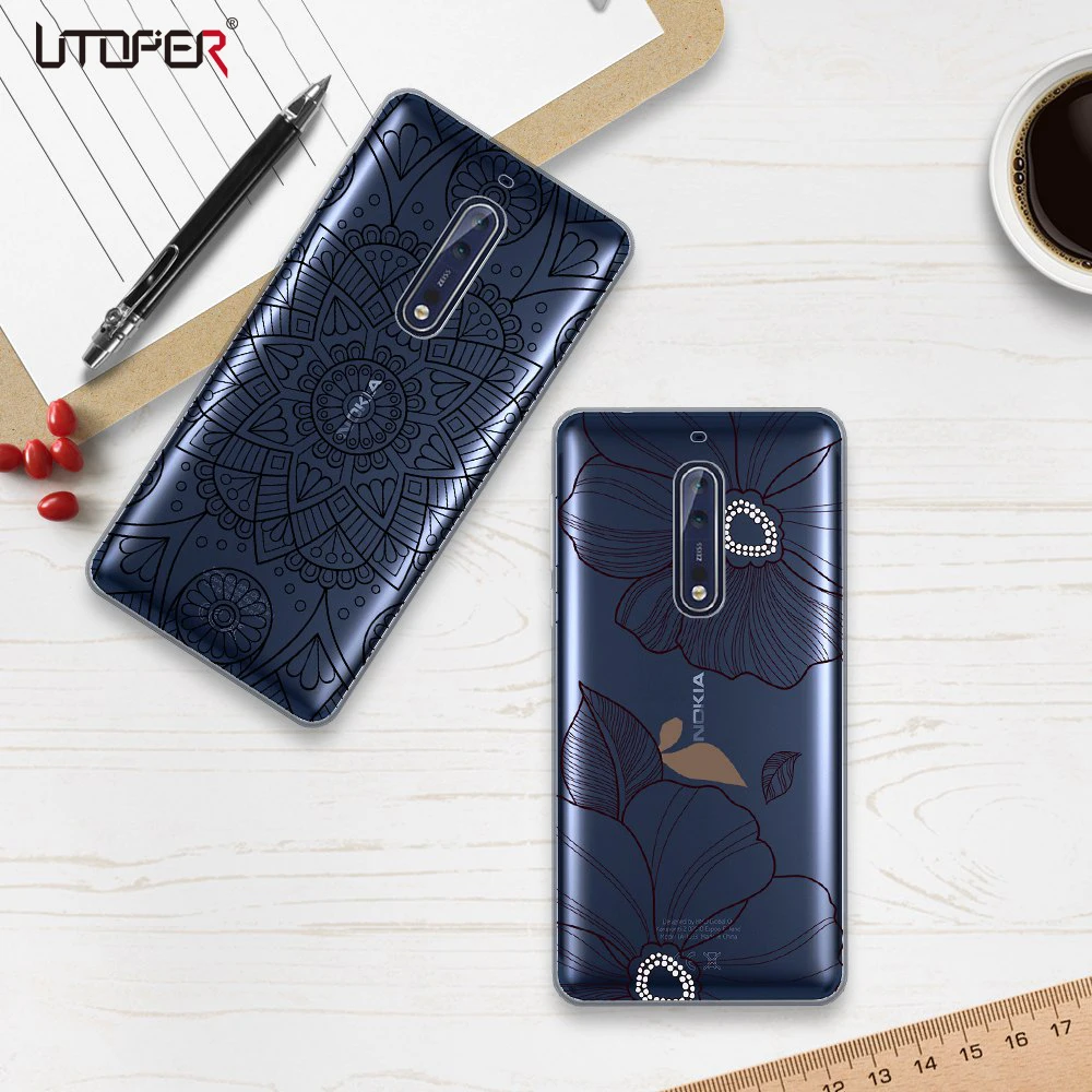 For Nokia 6 Case Silicone Soft Transparent Cover 5 Capa 3 8 TPU Black Flower Funda |