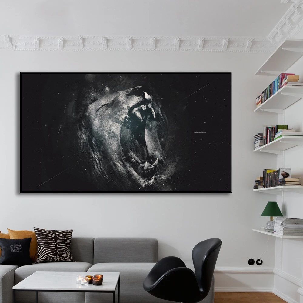 Черно белый лев рев Wall Art принты и Плакаты животных живопись на холсте