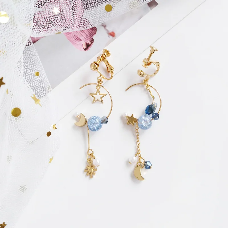 blue Clip Earring Простые серьги-клипсы в виде земной Вселенной, Луны, звезды, без прокалывания, кавайные геометрические, в виде полукруга, полукруглые женские серьги-клипсы - Окраска металла: blue Clip Earring
