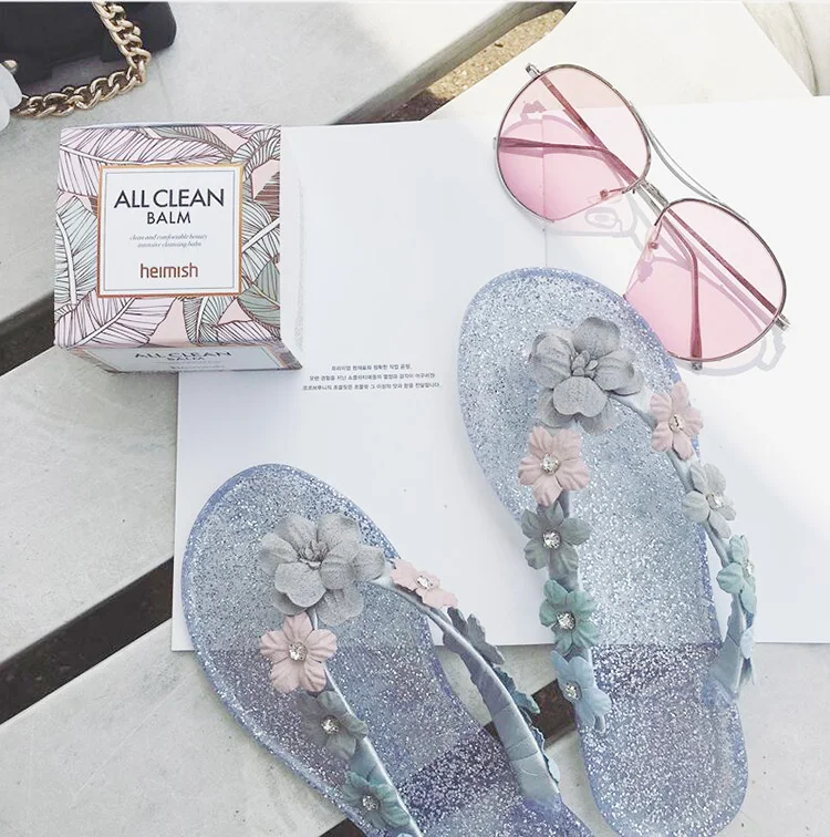 Прозрачные сандалии женские Вьетнамки шлепанцы с цветочным рисунком объемным