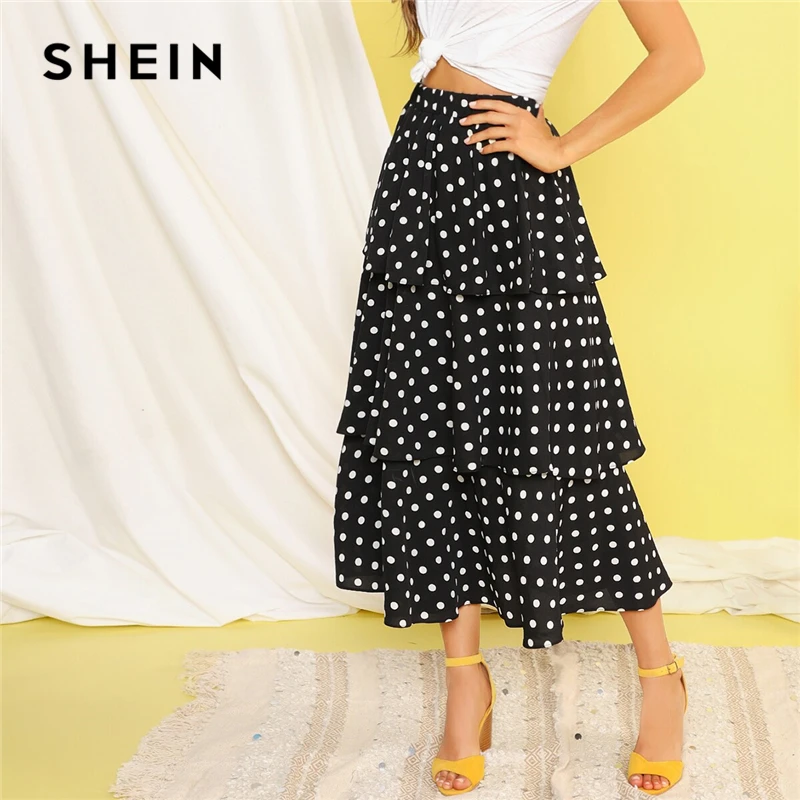 SHEIN Юбка С Оборкой В Горошек Женская Черная Демисезонная Юбка, Повседневная Длинная Юбка