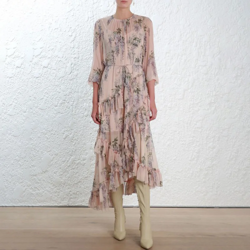 2019 ZIM Стиль Подиум платье для женщин цветочный принт оборки асимметричное