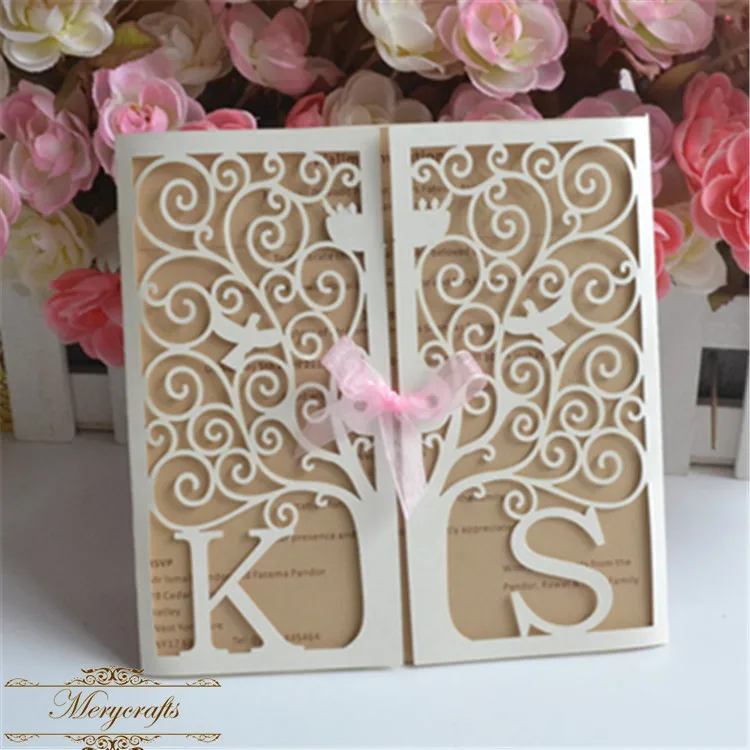 

premium customized initial design paper tree laser cut wedding invitation cards
