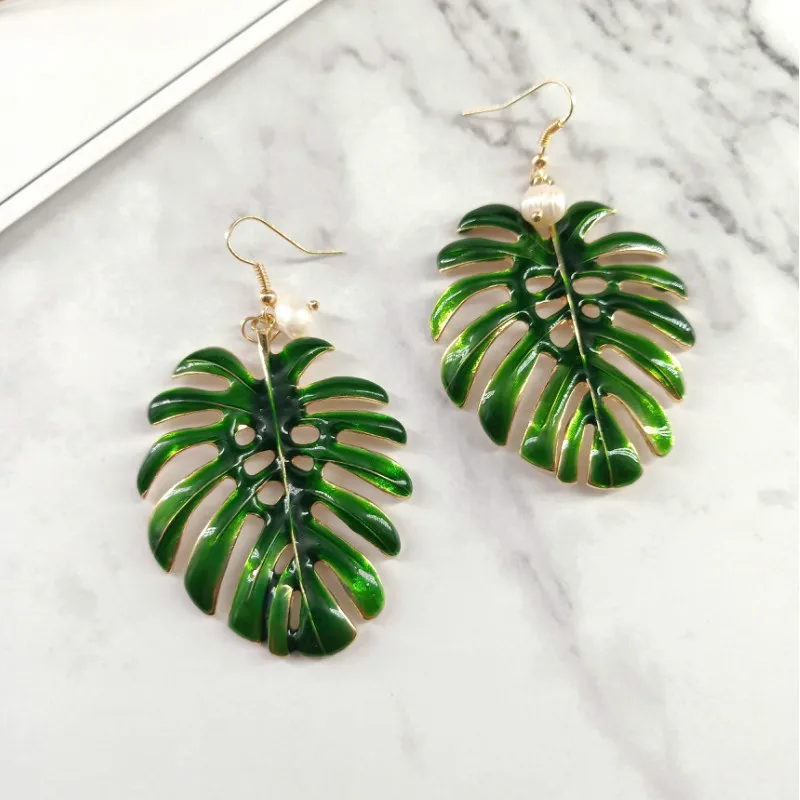 Женские серьги-капельки с эмалированными металлическими полыми листьями в виде