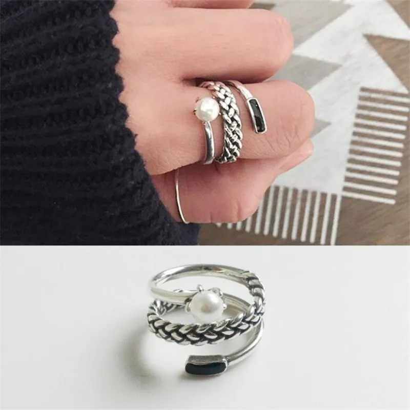 Винтажный дизайн Серебро S925 Кольца для женщин Мода Tthree Layers Weave ювелирные изделия