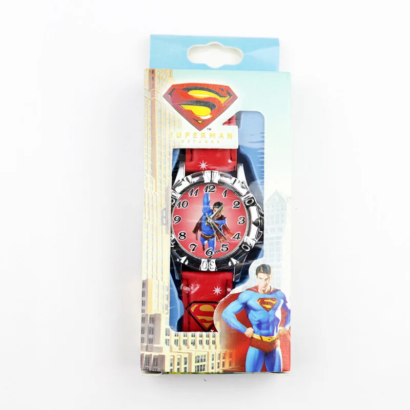 Boy Superman Red Детские Мультяшные часы с человеком-пауком, Бэтменом, Суперменом, часы для мальчиков, часы принцессы для девочек, кварцевые часы с кожаным ремешком и коробкой - Цвет: Boy Superman Red
