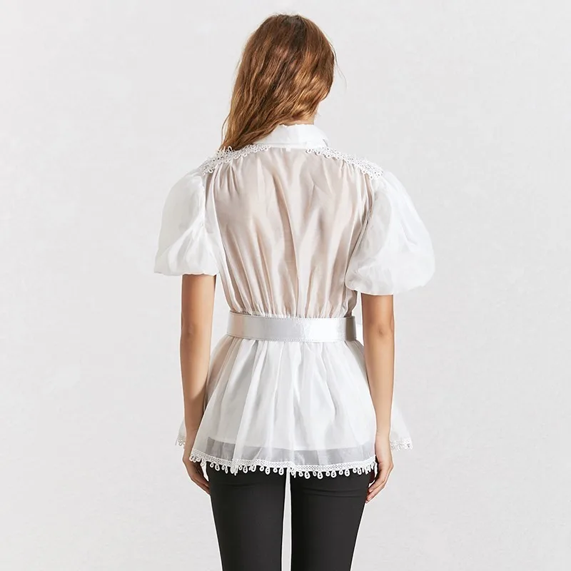 TWOTWINSTYLE Elegant Embroidery Patchwork Women Blouse Lapel Collar Half Sleeve Tunic Chiffon Shirt Female Fashion Summer