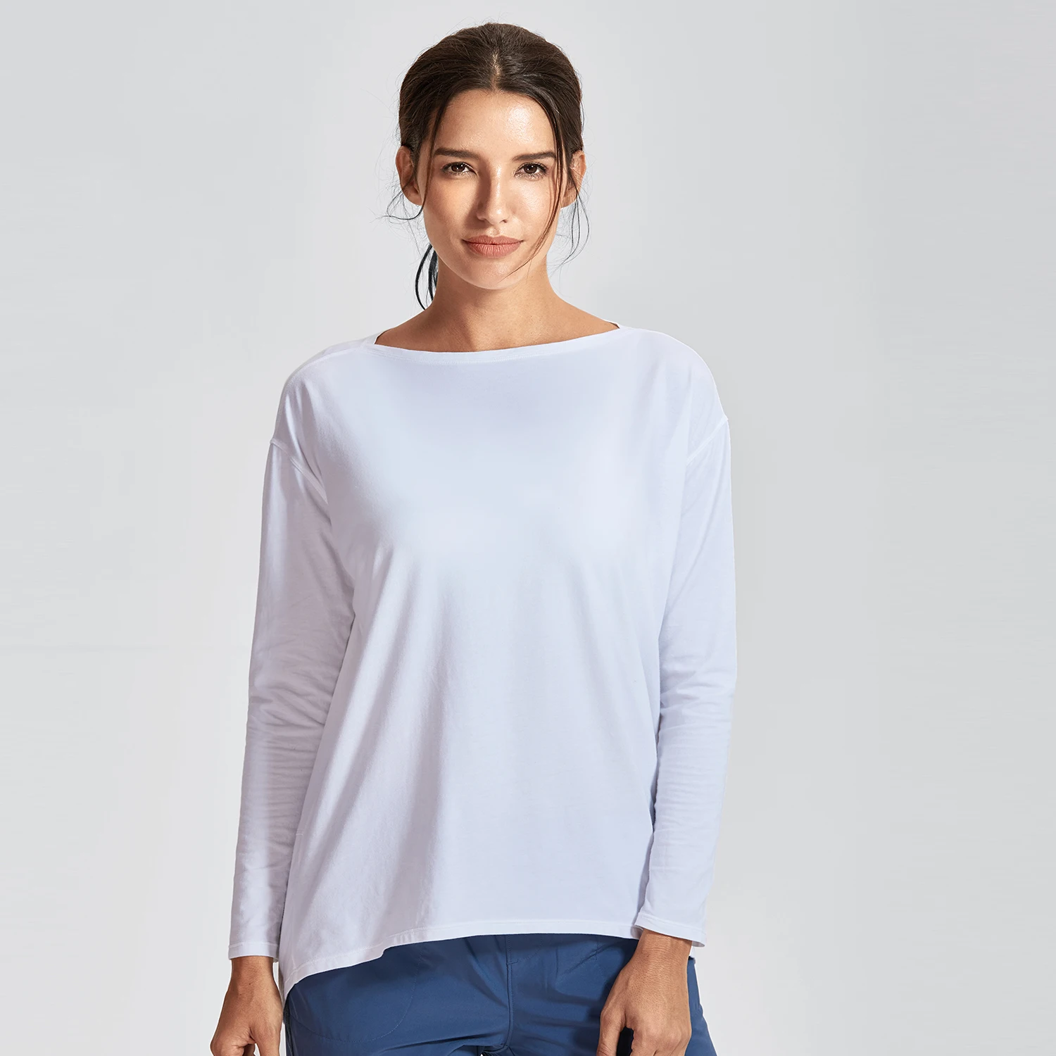 White02 SYROKAN Женская Повседневная хлопковая футболка для тренировок с длинными рукавами Pima - Цвет: White02