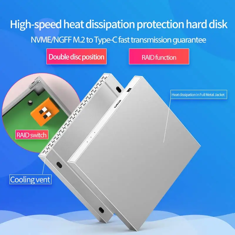 Dual Hard Disk Array Cabinet 2.5'' Hard Disk Array with RAID Function 4 Modes USB3.1 Type C Disk Array Box 2 Bay Data Backup