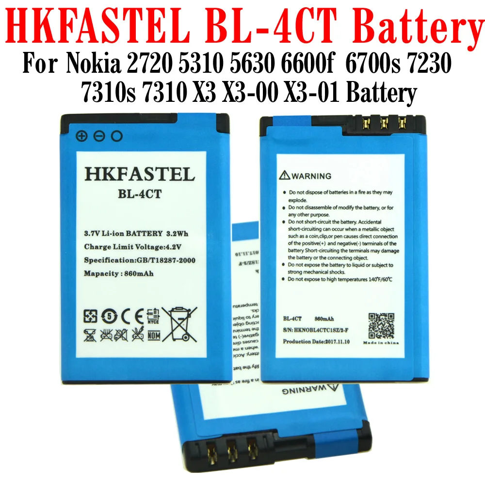 HKFASTEL Новый BL 4CT BL4CT литий ионный аккумулятор для сотового телефона Nokia Mobile 2720 6600f 6600