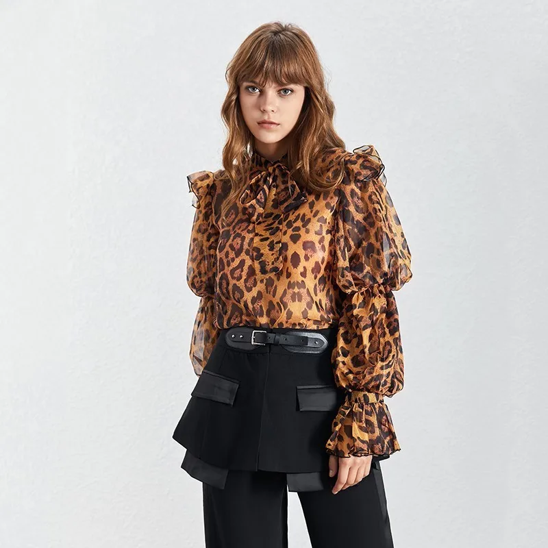 leopard TWOTWINSTYLE, женская рубашка с леопардовым принтом, пышная, с длинным рукавом, с бантом, с жилетом, шифоновые топы, женские, винтажные,, Весенняя мода - Цвет: leopard