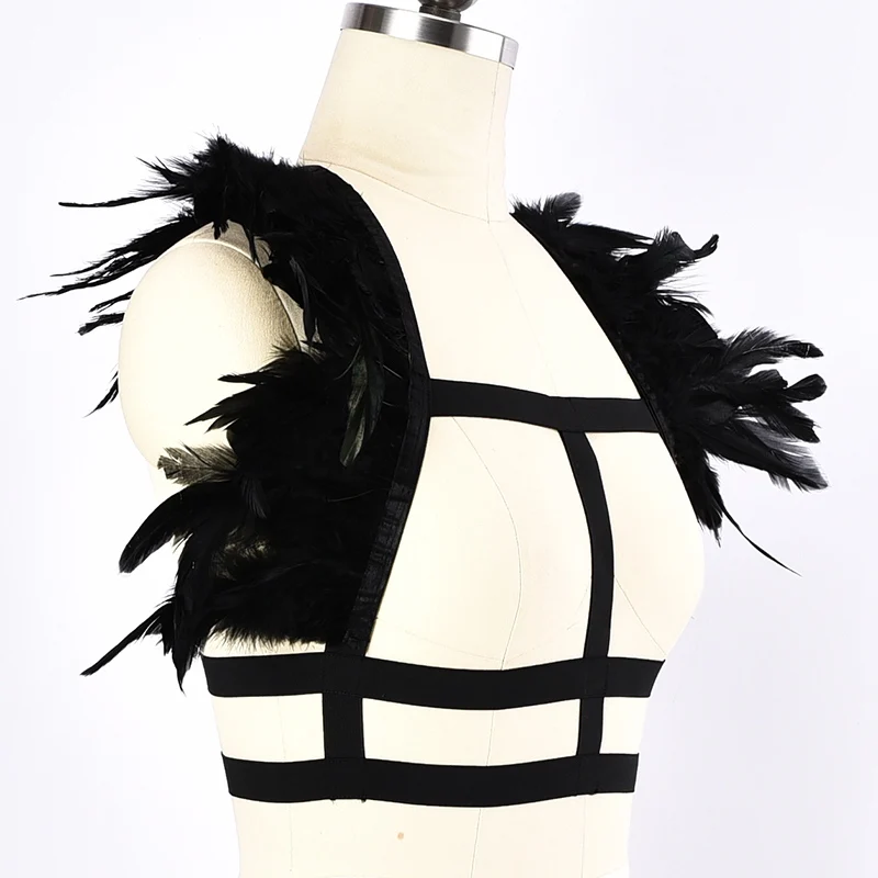 Женский ремень-портупея с перьями черный сексуальный топ-клетка бюстгальтер