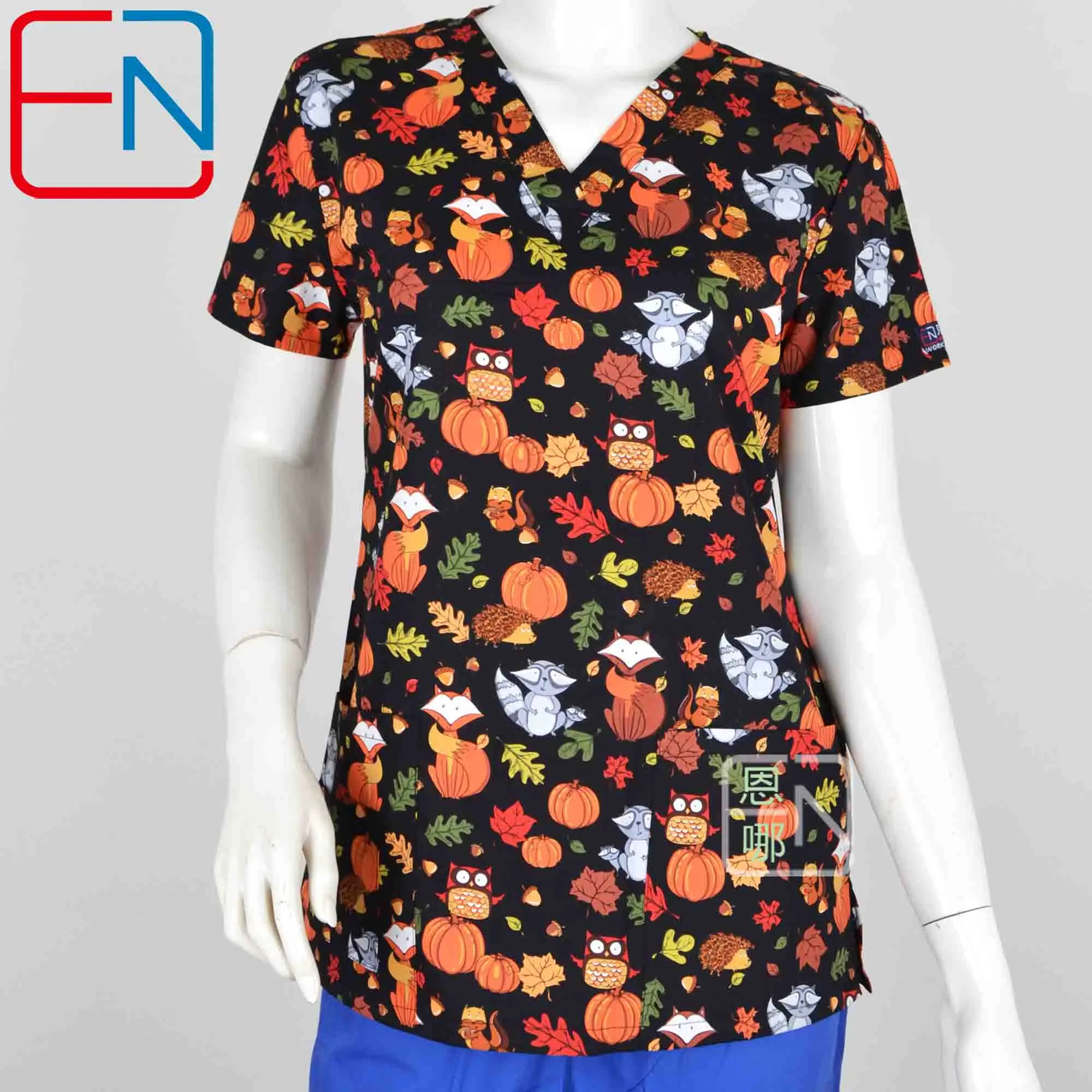 Женские топы Hennar, медицинский топ с v-образным вырезом, хлопок, хирургический короткий рукав, мультяшный принт,, высокое качество, Женский Топ - Цвет: stretchy thanksgivin