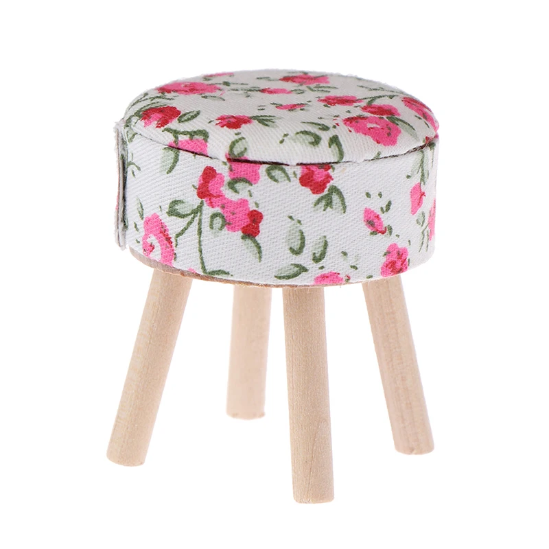 

1/12 Dollhouse Miniature Furniture Round Floral Stool Chair Acc for Dolls House Decor Kids Children Pretend Play Toy