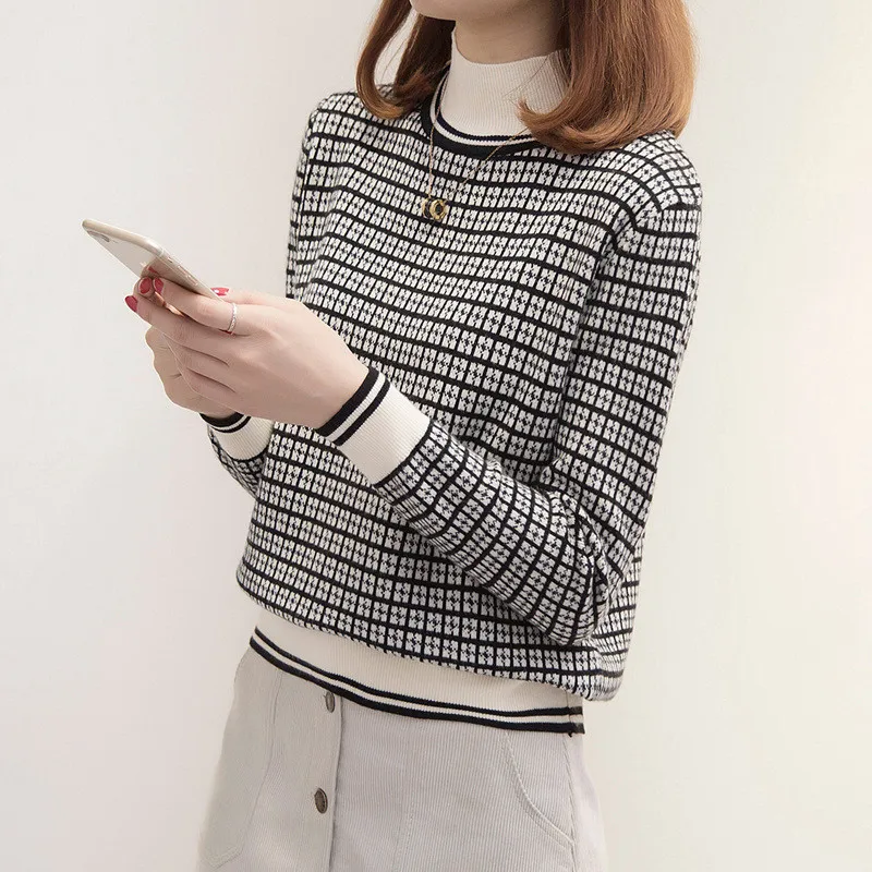 Spring Ladies Sweater 2019 New High Collar Loose Pullover Short Plaid Knitwear Autumn Wild Long Sleeve Bottoming Lj129 | Женская одежда