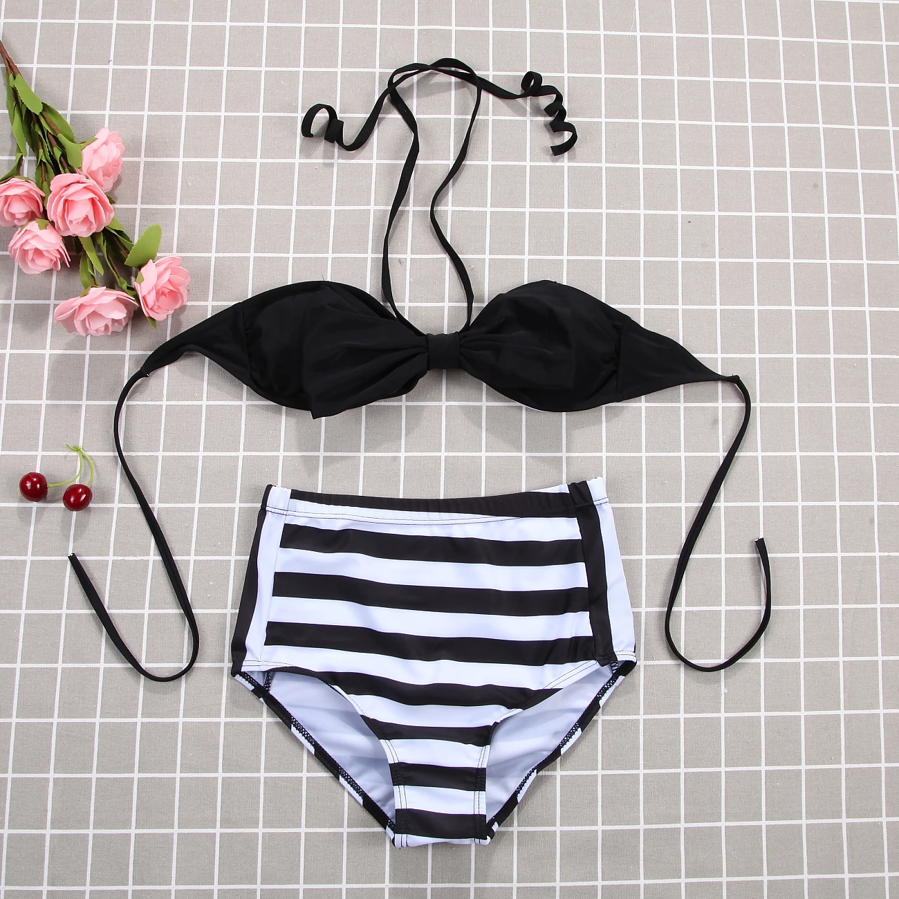 Mother Girls Matching 2Pcs Halter Swimsuit Little Kids Girl Women Palm Leaves Stripes Swimwear Bandeaukini Bikini Set | Мать и ребенок