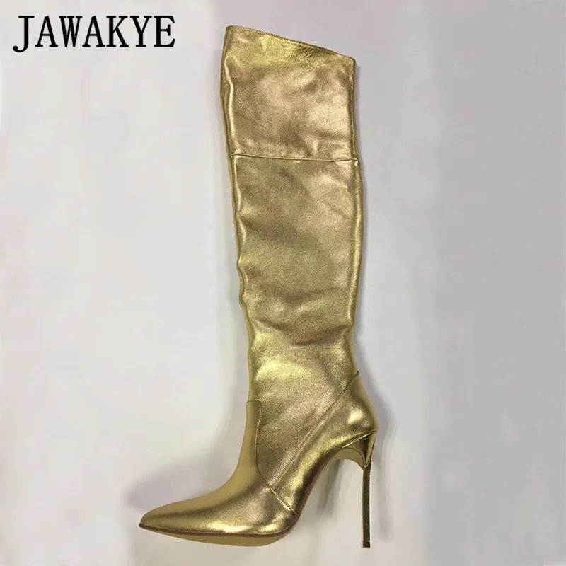 JAWAKY/Подиумные Кожаные Сапоги выше колена золотистого цвета пикантные женские Клубные вечерние туфли на шпильке с острым носком женские рыцарские сапоги