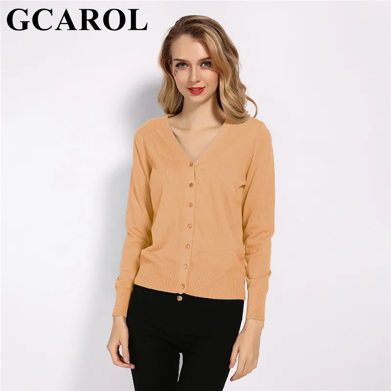 Pale Orange GCAROL осень зима v-образный вырез женский Укороченный кардиган 30% шерсть свитер стрейч однобортный OL трикотаж - Цвет: Pale Orange