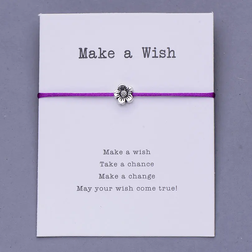 dk purple with card Pipitree Make a Wish, мини-браслет с цветами, женский, регулируемый, на удачу, красные браслеты, для женщин, детей, Wish, ювелирное изделие, карта, подарок - Окраска металла: dk purple with card