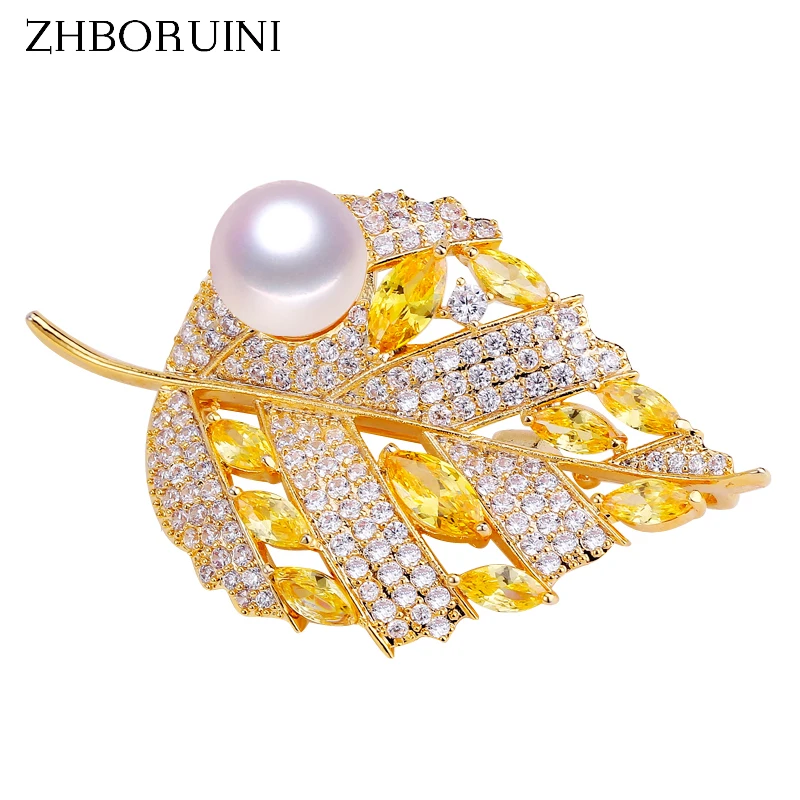 ZHBORUINI 2019 Бриллиантовая Золотая брошь в форме листа булавки жемчужные украшения