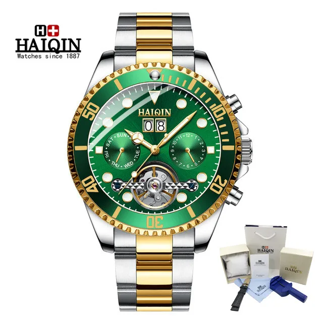 HAIQIN мужские часы Топ бренд класса люкс Tourbillon механические часы для мужчин бизнес Нержавеющая Сталь военные часы Relogio Masculino - Цвет: gold green