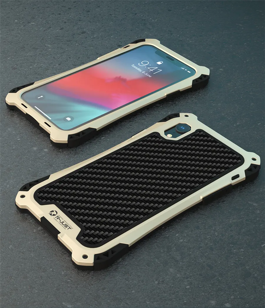 R-JUST, чехол для iPhone Xs, противоударный, всплеск, водонепроницаемый, ТПУ, углеродное волокно, металлический бампер, чехол для iPhone XR Xs Max
