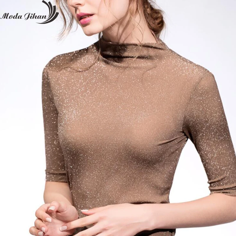 Moda Jihan женские футболки блестящая водолазка с высоким воротником топы коротким