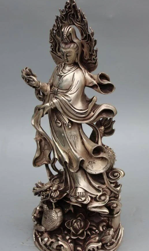 free shipping 17Chinese Silver Guanyin Kwan-yin Guan Yin Hold Vase On Lotus Dragon Sculpture | Дом и сад