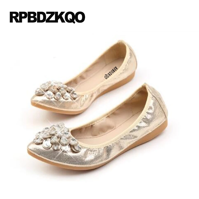 

Large Size Crystal Elastic Pointed Toe Flats Silver Ballerina Beautiful 10 Soft Ballet Women Foldable 33 Rhinestone 11 Shoes