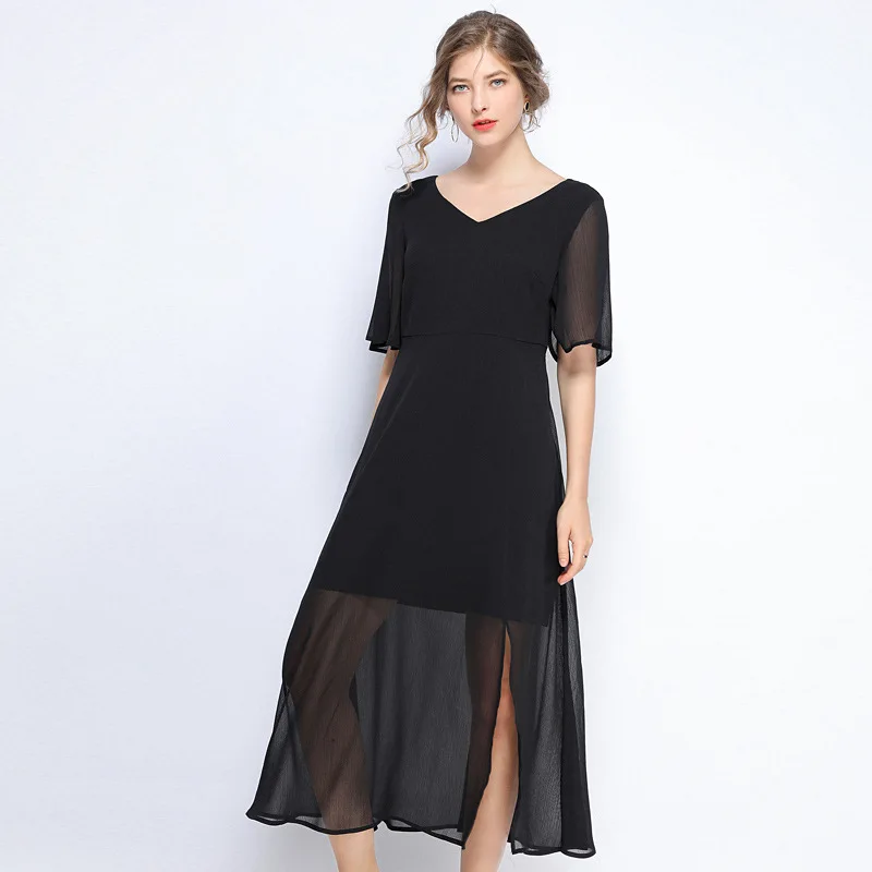 Черное шифоновое платье женское элегантное Летнее Длинное Платье Пляжное для