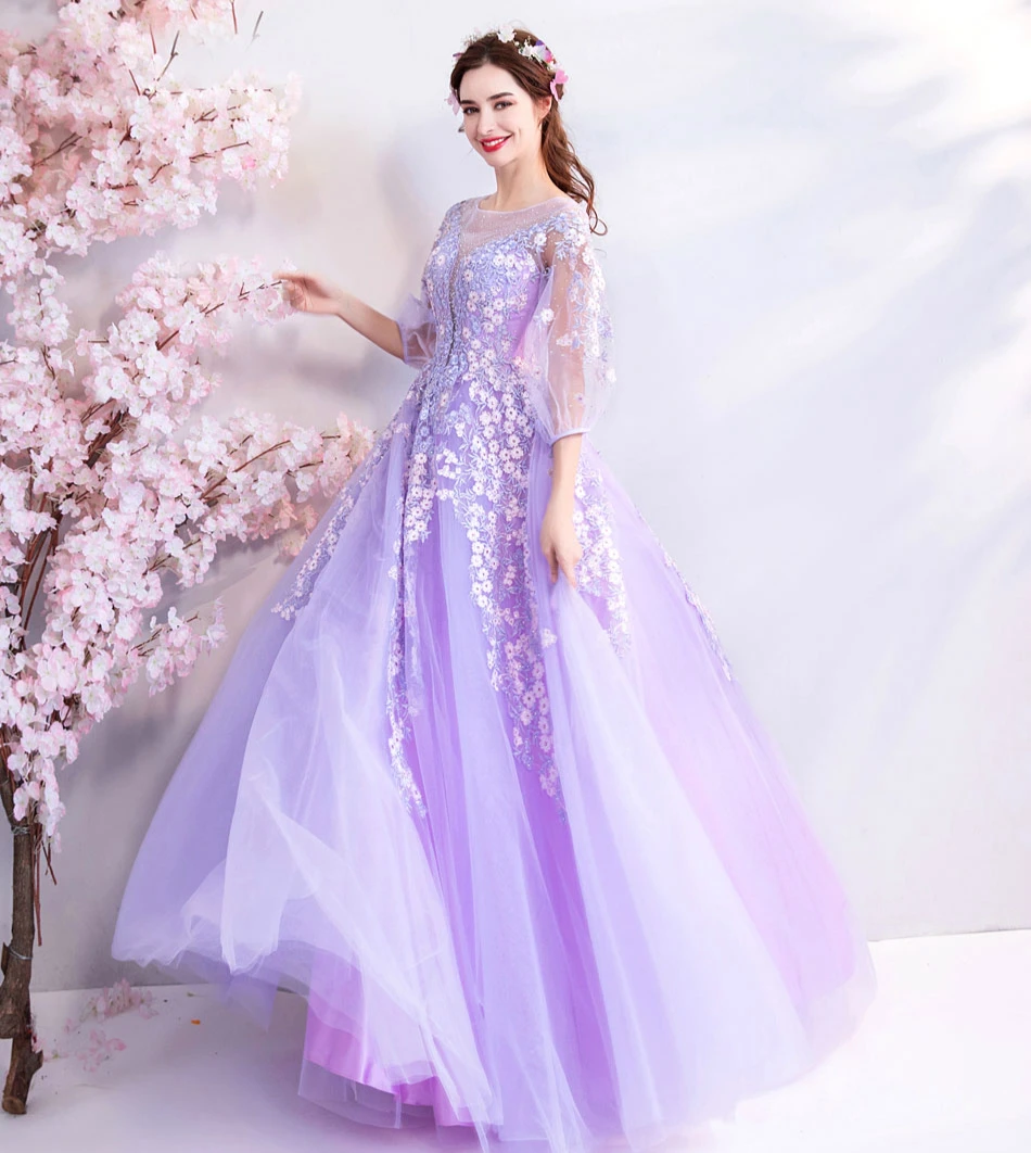 Женское вечернее платье SSYFashion фиолетовое до пола с коротким рукавом кружевной