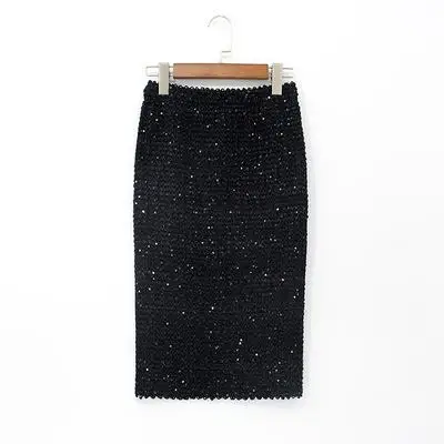 60CM Shining Sequined Patchwork Bodycon Elegant Midi Skirts Womens Office Ladies Sexy Club Skinny High Waist Skirt Spring - Цвет: 60CM black