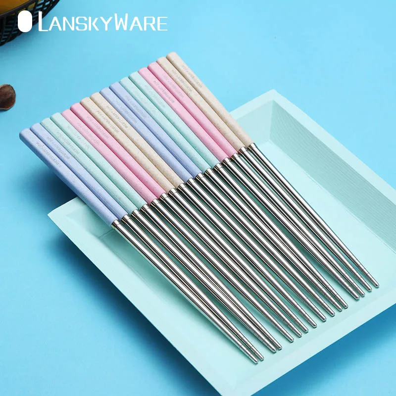 LANSKYWARE 4/8 пар 304 нержавеющая сталь китайская палочка для еды с ручкой из пшеничной соломы Многоразовые палочки для еды набор палочек для суши