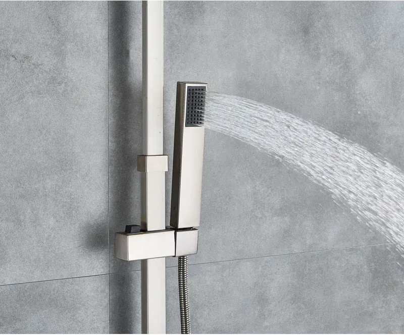 Brushed Nickel Shower Faucet Single Handle 8" Square Rainfall Shower Mixers with Handshower Height Adjustable Shower Pipe Faucet
