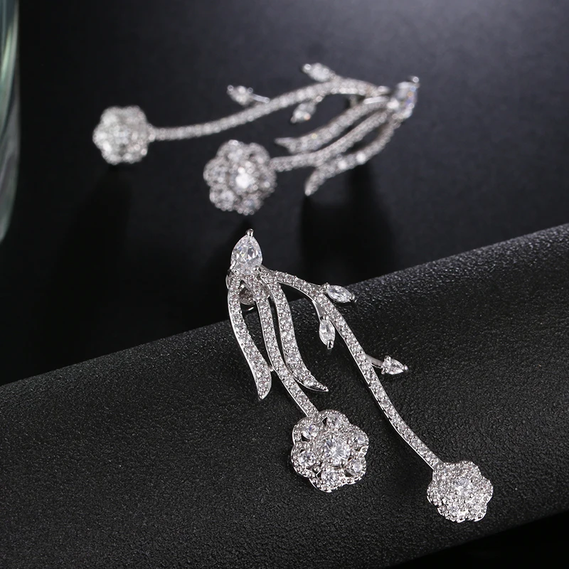 Elegant Multicolor Rose Flower Party Drop Earrings For Women Wedding Yellow Gold Color CZ Stone Long Brnicos | Украшения и