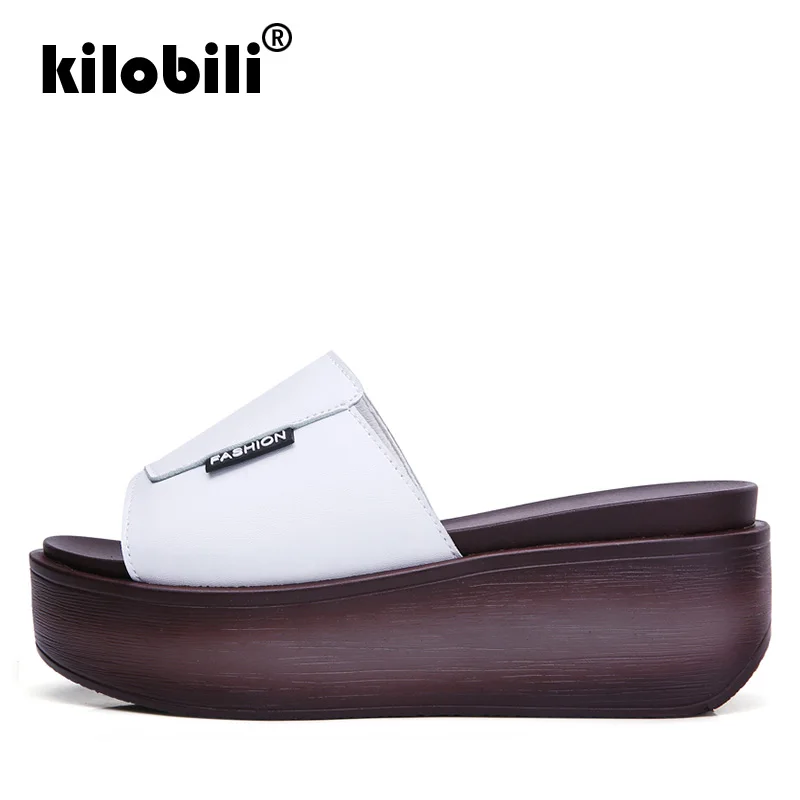 Kilobili/2019 г. летние женские шлепанцы обувь из натуральной кожи на среднем каблуке