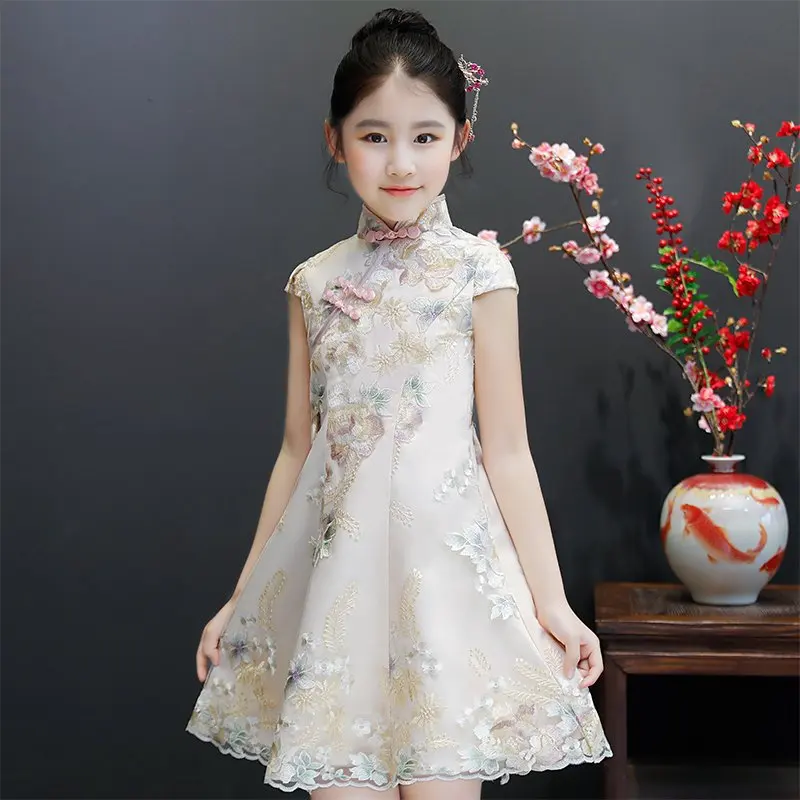 Oriental girls costumes for children party dress kids chinese qipao lace flower a-line Mandarin collar stage clothes | Детская одежда и