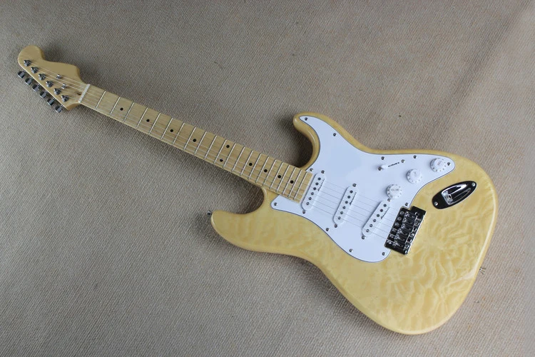 

Factory Custom Natural Wood Color Electric Guitar with White Pickguard,Flame Maple Veneer,Chrome Hardwares,Offer Customized