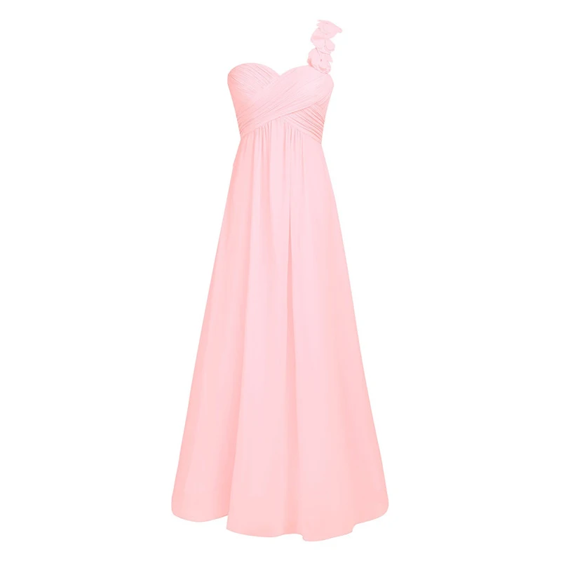 Pearl Pink Женское шифоновое платье подружки невесты с высокой талией, длина до пола, одно плечо, плиссированное кружевное платье для торжеств, свадьбы, вечеринки, платье подружки невесты es - Цвет: Pearl Pink