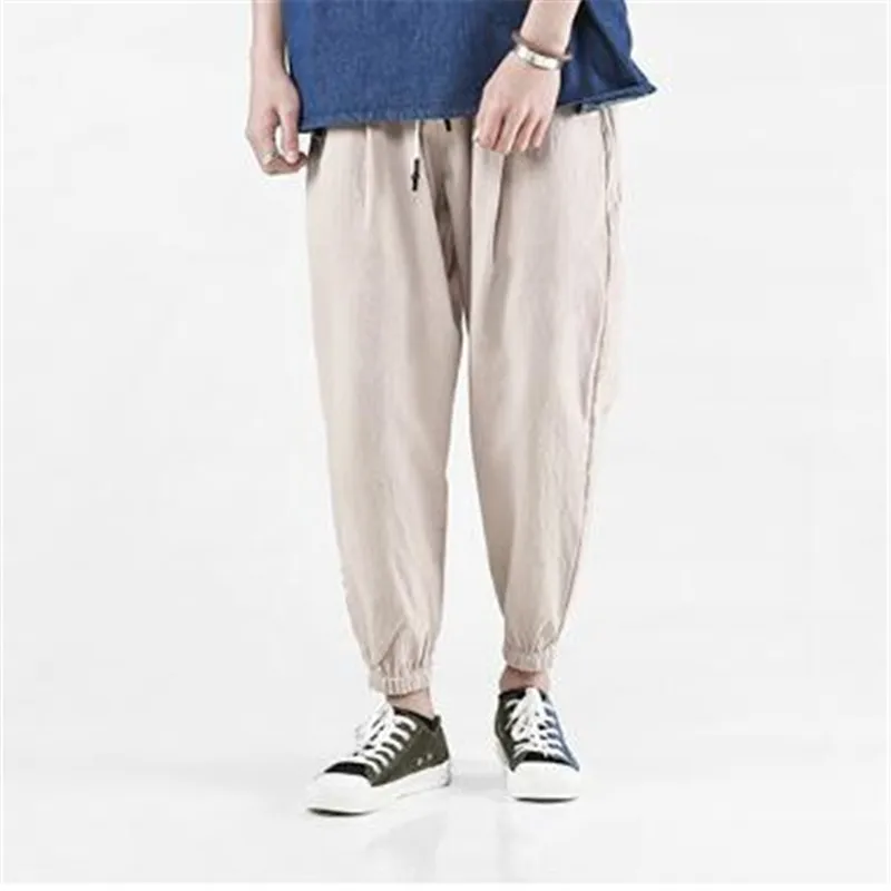 

Linen Cotton Summer Men Harem Pants Streetwear Solid Color Looses weatpants Breathable Drawstring Trousers Casual Joggers A3843