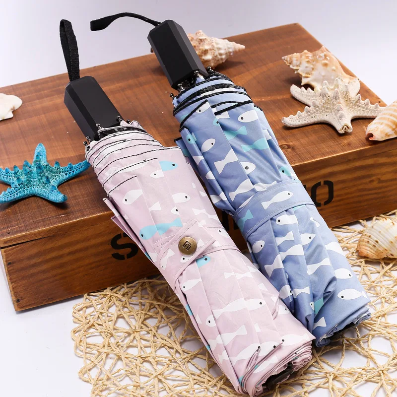 Высокое качество зонтика для дождя с узором рыбы для женщин, 3-слойного, черного покрытия, Paraguas Sun Solar с бесплатной доставкой